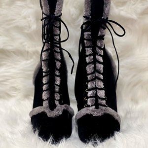 Black Suede Gray Fur Mid-Calf Heel Boots